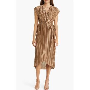 Zoe And Claire Women's Size S Bronze Pleated Faux Wrap Midi Dress